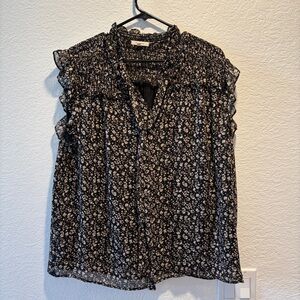 Pleione Black and Cream Floral Blouse V Neck Ruffle Sleeve